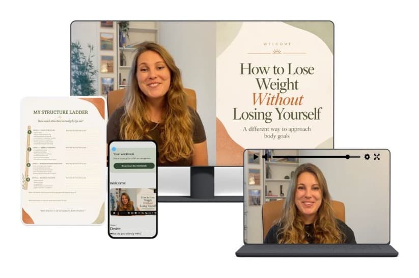 The course lessons and workbook shown on a desktop, laptop, tablet and phone